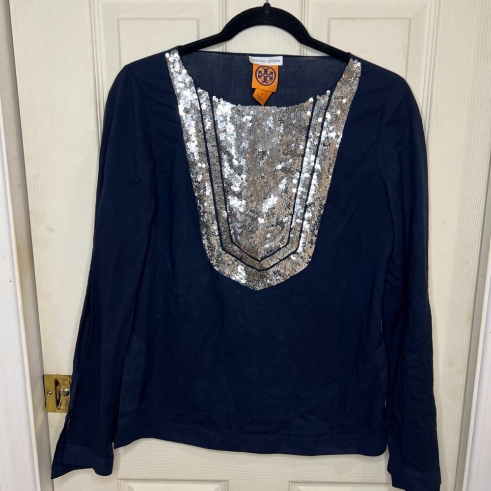 Tory Burch Sequins Long Sleeve Blouse Navy Blue Size 6